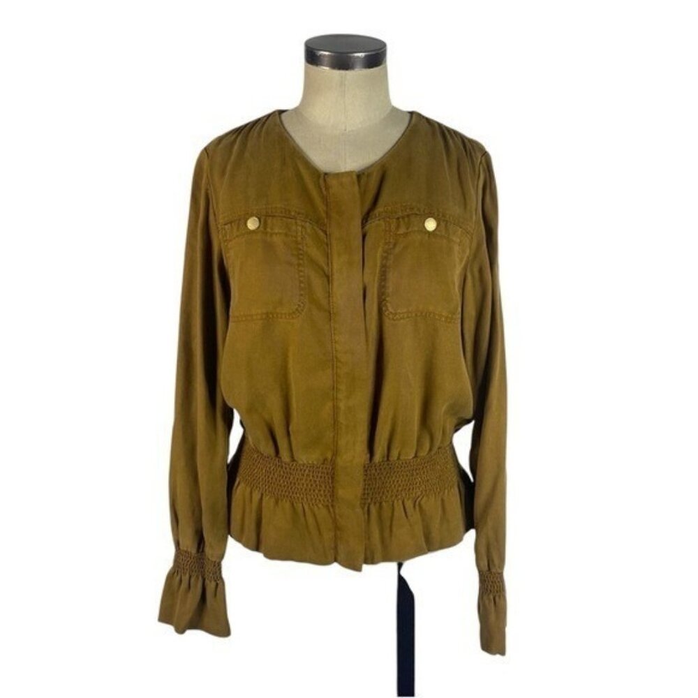 White House Black Market Smocked Soft Jacket Medium Ochre Brown Tan Zip Front